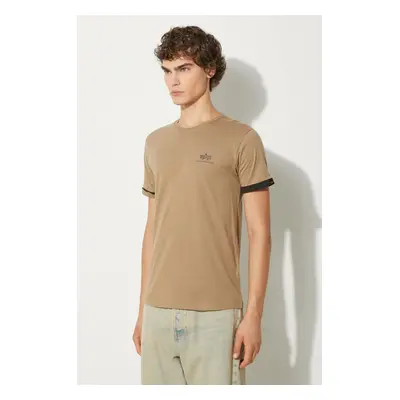 Bavlněné tričko Alpha Industries hnědá barva, s potiskem, 106509.408-brown