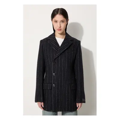 Vlněný kabát Kenzo Tennis Stripes Pea Coat černá barva, přechodný, dvouřadový, FE62MA2209GM.99