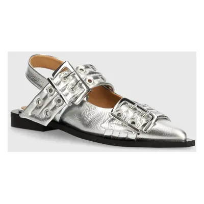 Baleríny GANNI Feminine Buckle Ballerina Metallic stříbrná barva, s odkrytou patou, S2725