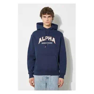 Mikina Alpha Industries College Hoody pánská, tmavomodrá barva, s kapucí, s potiskem, 146331