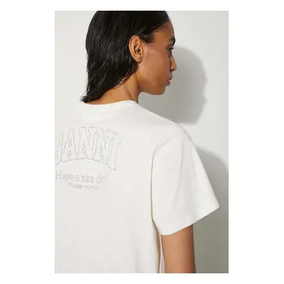 Bavlněné tričko GANNI Basic Jersey Rhinestone Relaxed T-shirt béžová barva, T3946