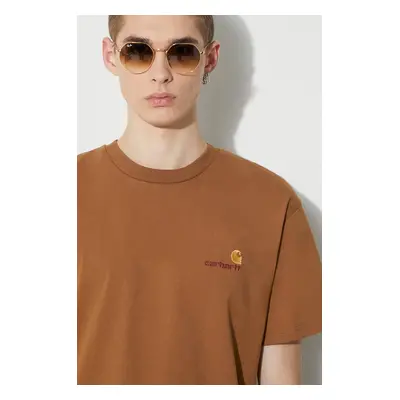 Bavlněné tričko Carhartt WIP S/S American Script T-Shirt hnědá barva, s aplikací, I029956.HZXX