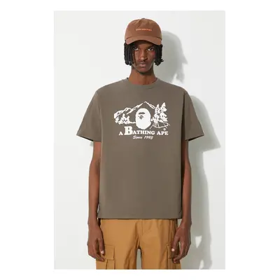 Bavlněné tričko A Bathing Ape Bape Camp Tee hnědá barva, s potiskem, 1J80110046