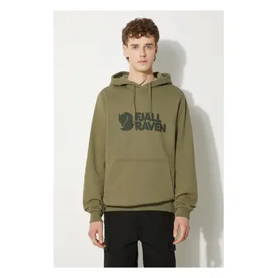 Bavlněná mikina Fjallraven Logo Hoodie F84144 622 pánská, zelená barva, s kapucí, potiskem