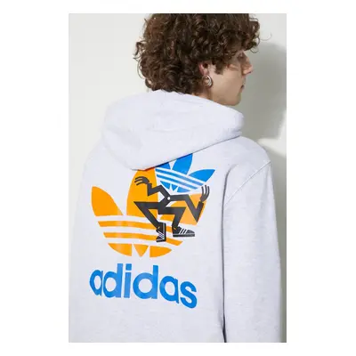 Bavlněná mikina adidas Originals pánská, šedá barva, s kapucí, s potiskem, IS2913