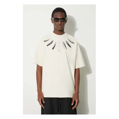 Bavlněné tričko Marcelo Burlon Collar Feathers Over béžová barva, s potiskem, CMAA054S24JER0060C