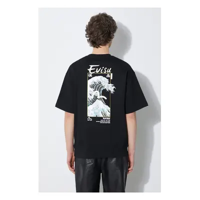 Bavlněné tričko Evisu Evisu & Wave Print SS Sweatshirt černá barva, s potiskem, 2ESHTM4WS7058