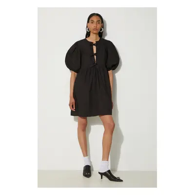 Bavlněné šaty GANNI Cotton Poplin Tie String Mini Dress černá barva, mini, F9005