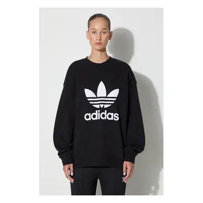 Bavlněná mikina adidas Originals Trefoil Crew dámská, černá barva, s kapucí, s potiskem, IB7431-