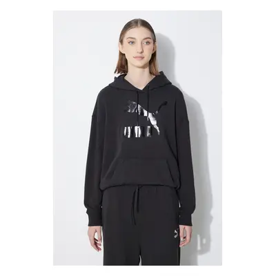 Mikina Puma CLASSICS Shiny Logo Hoodie dámská, černá barva, s kapucí, s potiskem, 625595