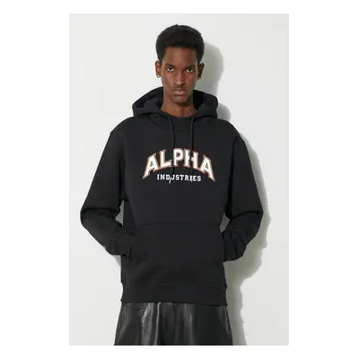 Mikina Alpha Industries College Hoody pánská, černá barva, s kapucí, s potiskem, 146331