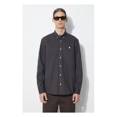 Košile Carhartt WIP Longsleeve Madison Shirt pánská, šedá barva, regular, s límečkem button-down