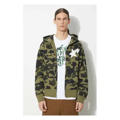 Bavlněná mikina A Bathing Ape 1St Camo Full Zip Hoodie pánská, zelená barva, s kapucí, vzorovaná