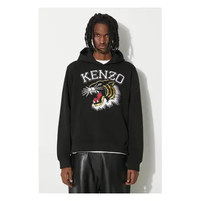 Bavlněná mikina Kenzo Tiger Varsity Slim Hoodie pánská, černá barva, s kapucí, s aplikací, FE55S