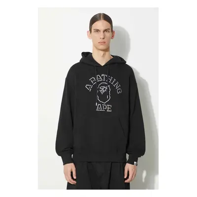 Mikina A Bathing Ape Rhinestone College Pullover Hoodie pánská, černá barva, s kapucí, s aplikac