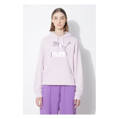 Mikina Puma CLASSICS Shiny Logo Hoodie dámská, fialová barva, s kapucí, s potiskem, 625595