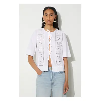 Bavlněná košile GANNI Broderie Anglaise Tie Blouse bílá barva, relaxed, F9655