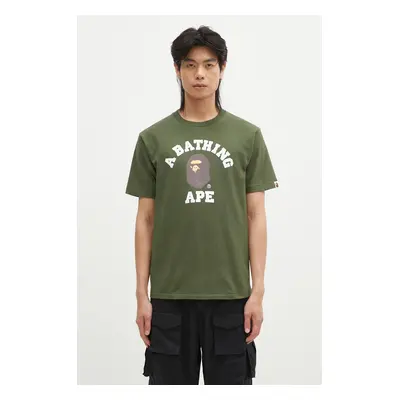 Bavlněné tričko A Bathing Ape COLLEGE TEE zelená barva, s potiskem, 1K80110001