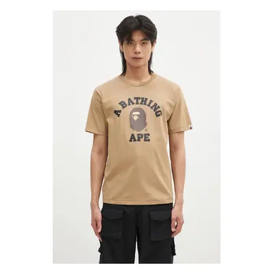 Bavlněné tričko A Bathing Ape COLLEGE TEE béžová barva, s potiskem, 1K80110001