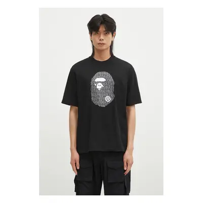 Bavlněné tričko A Bathing Ape LUX SPORT PATTERN APE HEAD RELAXED FIT TEE černá barva, s potiskem