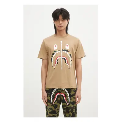 Bavlněné tričko A Bathing Ape 1ST CAMO SHARK TEE béžová barva, s potiskem, 1K80110013