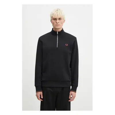 Bavlněná mikina Fred Perry Half Zip Sweatshirt pánská, černá barva, s aplikací, M3574.X56