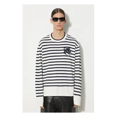 Bavlněný svetr Maison Kitsuné Fox Head Intarsia Comfort Striped Jumper tmavomodrá barva, lehký, 