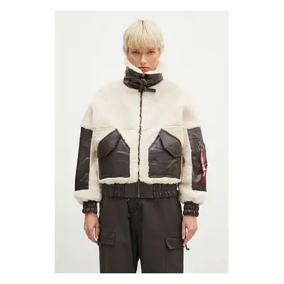 Bunda Alpha Industries Teddy PU Bomber dámská, béžová barva, přechodná, oversize, 148001