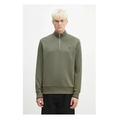 Bavlněná mikina Fred Perry Half Zip Sweatshirt pánská, zelená barva, s kapucí, hladká, M3574.W49