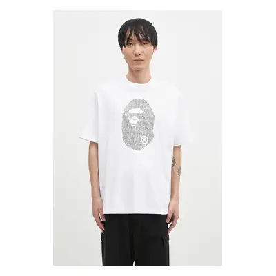 Bavlněné tričko A Bathing Ape LUX SPORT PATTERN APE HEAD RELAXED FIT TEE bílá barva, s potiskem,