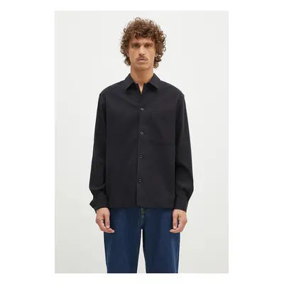 Košile s příměsí vlny Norse Projects Carsten Cotton Wool LS Shirt černá barva, regular, s klasic