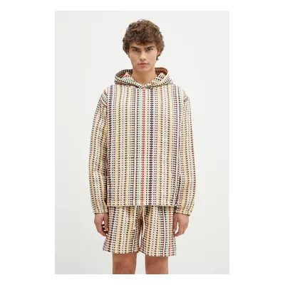 Bavlněná mikina PLEASURES Stitch Poncho Hoodie pánská, béžová barva, s kapucí, vzorovaná, P24F05