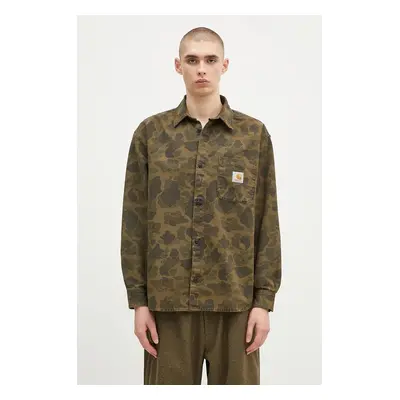 Bavlněná košile Carhartt WIP Longsleeve Duck Shirt zelená barva, relaxed, s klasickým límcem, I0