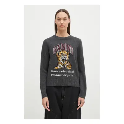 Vlněný svetr GANNI Graphic Wool Mix Tiger Crewneck dámský, šedá barva, lehký, K2278