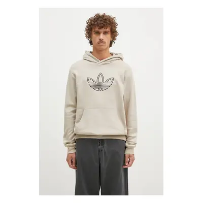 Bavlněná mikina adidas Originals Outline Hoodie pánská, béžová barva, s kapucí, s potiskem, JJ15