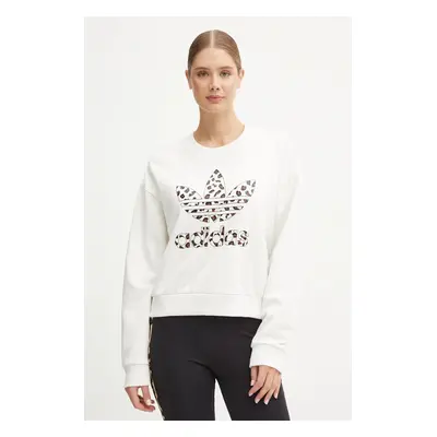 Bavlněná mikina adidas Originals Leopard Sweat dámská, bílá barva, s aplikací, IW8477