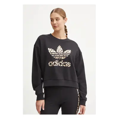 Bavlněná mikina adidas Originals Leopard Sweat dámská, černá barva, s potiskem, IW8480