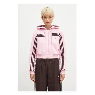 Mikina adidas Originals 70s Short Fullzip Fleece Hoodie dámská, růžová barva, s kapucí, s aplika