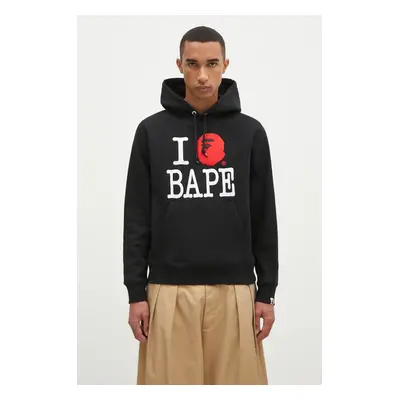 Bavlněná mikina A Bathing Ape I Love Bape Pullover pánská, černá barva, s kapucí, s aplikací, 1K