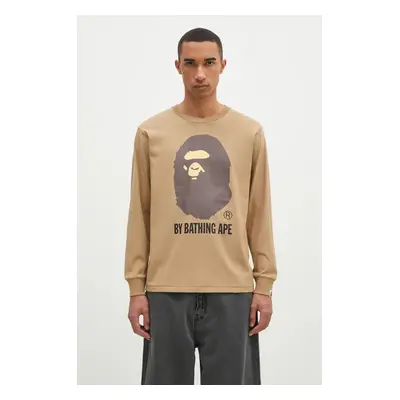 Bavlněné tričko s dlouhým rukávem A Bathing Ape By Bathing Ape Longsleeve béžová barva, s potisk