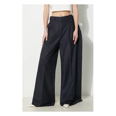 Vlněné kalhoty JW Anderson Side Panel Trousers tmavomodrá barva, jednoduché, high waist, TR0334.