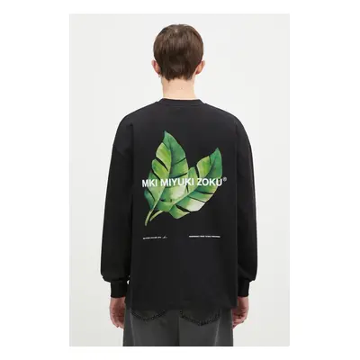 Bavlněné tričko s dlouhým rukávem MKI MIYUKI ZOKU Leaf Long Sleeve Tee černá barva, s potiskem, 