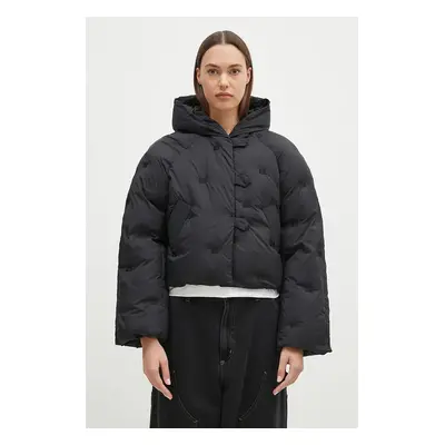 Péřová bunda GANNI Nylon Tech Puffer Short Jacket dámská, černá barva, zimní, F9546