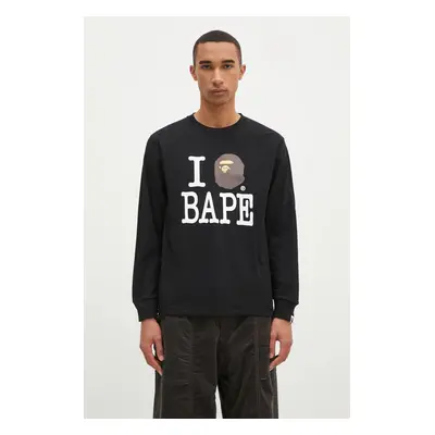 Bavlněné tričko s dlouhým rukávem A Bathing Ape I Love Bape Longsleeve černá barva, s potiskem, 