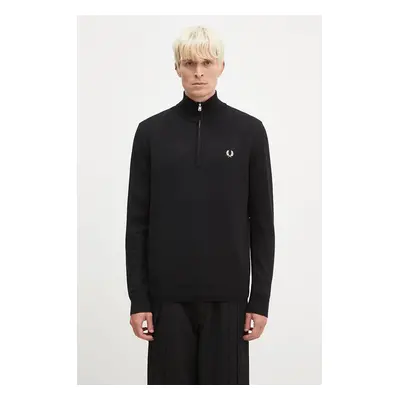 Vlněný svetr Fred Perry Classic Half Zip Jumper pánský, černá barva, lehký, s pologolfem, K7624.