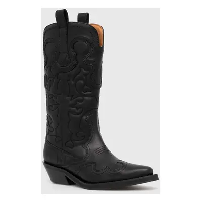 Westernové boty GANNI Mid Shaft Embroidered Western Boot dámské, černá barva, na podpatku, S2824