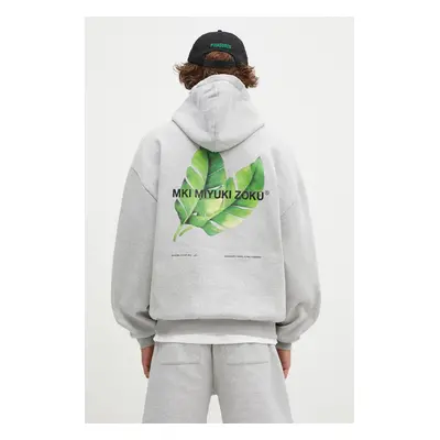 Mikina MKI MIYUKI ZOKU Leaf Hoody pánská, šedá barva, s kapucí, s potiskem, LEAF.HOODY