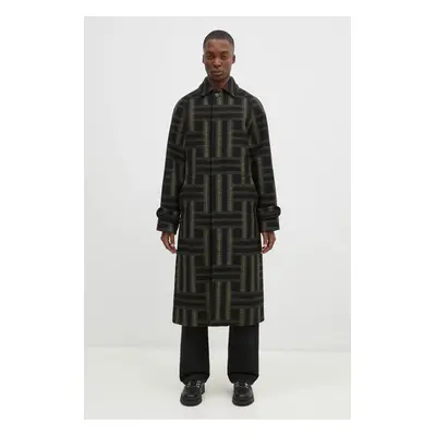 Vlněný kabát Kenzo Weave Overcoat černá barva, přechodný, oversize, FE65MA0329JB.99