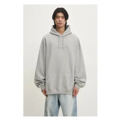 Mikina VETEMENTS 3D Oval Logo Oversized pánská, šedá barva, s kapucí, s potiskem, UA66HD790G