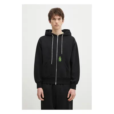 Bavlněná mikina No Problemo Mini Alien Zip Through Hoodie pánská, černá barva, s kapucí, s aplik